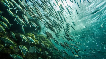 Wide view of a school of herring.