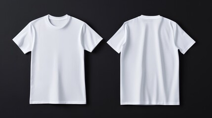 Two white t-shirts are displayed on a black background