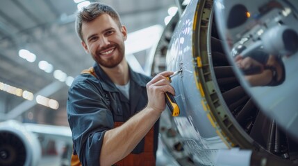 Poster - A man is smiling while working on an airplane engine