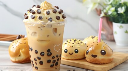   Two Donuts on a Cutting Board with Milkshake