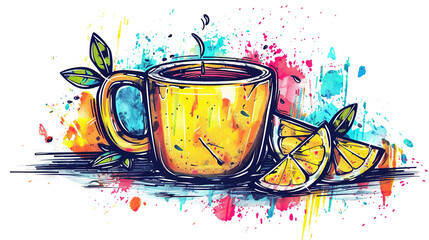 Poster -  A painting of a teacup with lemons and a splash of color