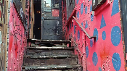 Poster -  A flight of steps ascending towards a structure, adorned with graffiti on its walls and a door positioned nearby