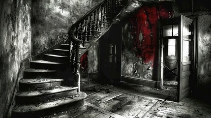 Sticker -   An image of a dark room with an open door and blood-stained walls, leading up to a set of stairs