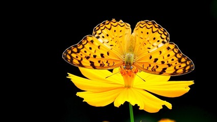 Wall Mural - A yellow butterfly perched on a yellow flower Butterfly Yellow wings with a pattern of black spots and black lines
Flowers Yellow flowers with bright orange stamens Background black