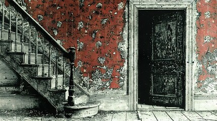 Canvas Print -  A monochrome image depicts a door and a set of stairs in front of a crimson wall with flaking paint