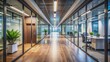 © BrilliantPixels - Modern Office Corridor with Glass Walls and Wood Floor, office interior , office design , modern office , office space
