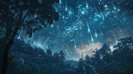 Wall Mural - meteor shower above a tranquil forest