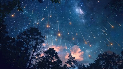 Wall Mural - meteor shower above a tranquil forest