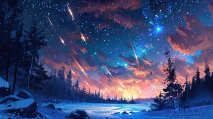 Wall Mural - meteor shower lighting up a winter sky