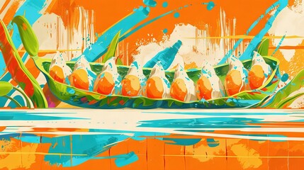 Sticker -   A painting depicting a boat floating in a water body with orange and blue paint splatters adorning it