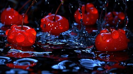 Wall Mural -   A cluster of scarlet cherries bobbing in a tranquil pool with droplets cascading onto their surface