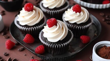 Sticker -   Chocolate cupcakes topped with white frosting, garnished with fresh raspberries and sprinkled with chocolate chips and coffee beans