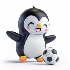 The Clipart of A cheerful 3D kawaii penguin playing soccer on a white background, with a cute and happy look, sliding to hit the soccer ball