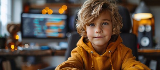 Wall Mural - Young Boy in Yellow Hoodie Looking Directly at the Camera