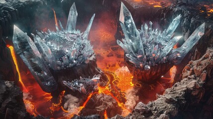 Wall Mural - an epic clash between titanic golems of crystal and magma within a volcanic crater surrounded by gey