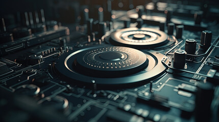 Poster - Technology abstract background with hud styled round interface elements in neon tech light.