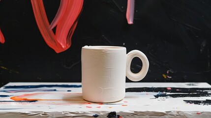 Poster -   A white cup sits atop a table beside a red-and-black swirl painting