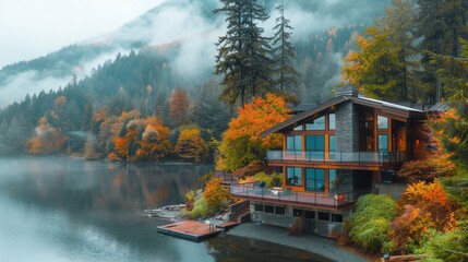 Wall Mural - Vacation house with scenic view in Fall with colorful foliage by lake