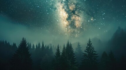 Wall Mural - the milky way galaxy above a dense forest