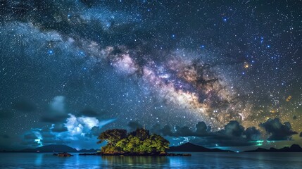 The Milky Way galaxy above a tropical island