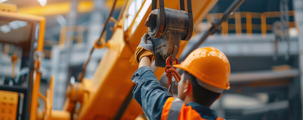 A construction worker operates heavy equipment with safety gear, showcasing precision and teamwork in an industrial environment.