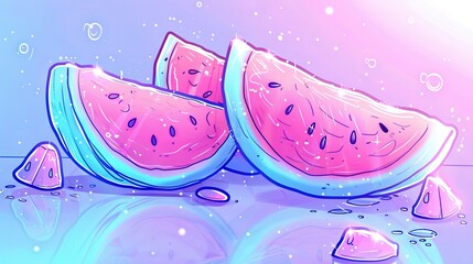   A pair of watermelon slices floating on a water puddle beside another watermelon slice