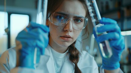 a woman wearing a lab coat and blue gloves holding two beakers