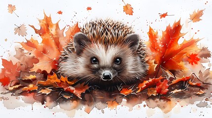 A watercolor painting of a cute hedgehog nestled in a pile of autumn leaves, surrounded by the warm, earthy tones of fall