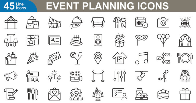 Event planning icons set vector illustration. decoration, schedule, budget, venue, guest, invite, speaker, photography and more. 