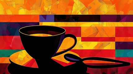 Poster -   A painting of a multicolored background with a coffee cup and saucer in the foreground, and a spoon in front of it