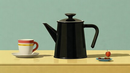 Poster -   A painting depicting a coffee pot, cherries, and coffee cup on a table