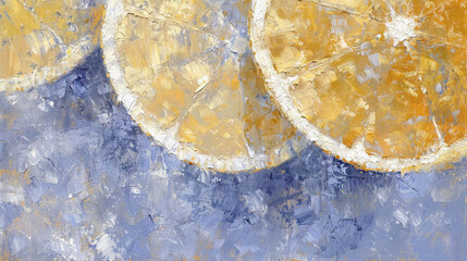 Wall Mural -   A painting of two lemons sitting beside each other on a blue-yellow backdrop, with a central white mark