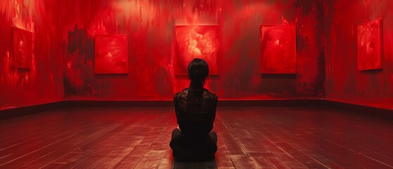 Poster - A woman sits in a room with red walls and red paintings