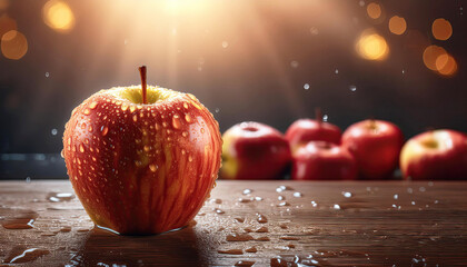 Wall Mural - Red apple on a wooden table