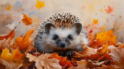 A watercolor painting of a hedgehog nestled in a cozy pile of autumn leaves, with the warm colors of fall creating a picturesque backdrop.