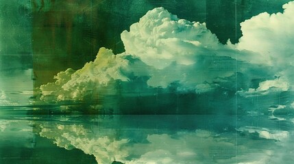 Wall Mural - a painting depicts clouds above a water body reflecting the sky's image on its surface