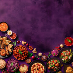 Wall Mural - Indian cuisine served in purple background