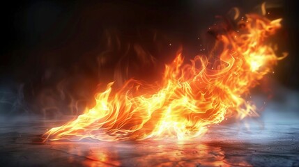 Leinwandbilder -   Close-up of a fiery scene on a dark background with a reflections of the flames on the floor