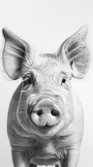 A piglet looks directly at the camera, its snout slightly raised and ears perked