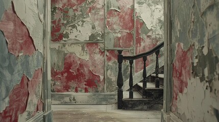 Wall Mural -   A set of stairs leading up to a red and white wall with peeling paint and a wooden bannister