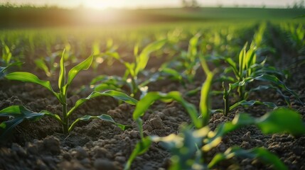 Wall Mural - Young Corn Plants in a Field at Sunset