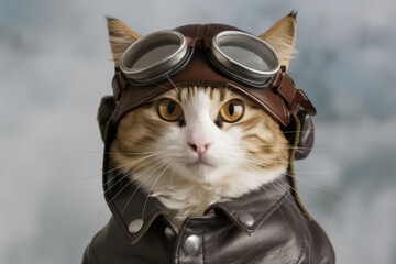 adventurous cat dressed as vintage pilot with goggles and leather jacket