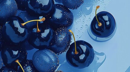 Sticker -   Blue cherries rest atop a blue background, adorned by water droplets and yellow stems