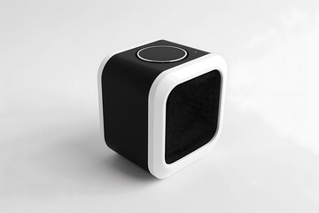 Design a logo featuring a stylish wireless speaker, showcasing its sleek design and modern appeal on a plain white background.