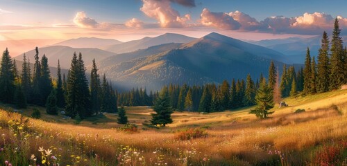 Wall Mural - A panoramic view of the Carpathian Mountains at sunrise, with golden grass and green trees in full bloom Generative AI