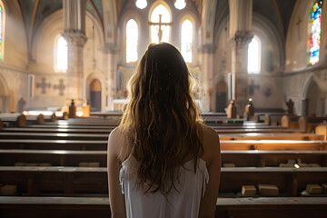 Wall Mural - Back view of young woman in empty church