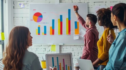 Poster - A diverse team discussing a colorful bar graph on a whiteboard, brainstorming business strategies