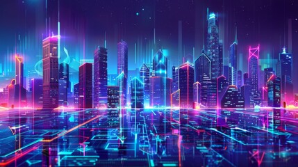 Poster - A futuristic skyline with digitally enhanced skyscrapers and neon lights, symbolizing technological advancement