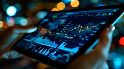 Fototapete - A hand holding a tablet displaying a line graph, with financial data and analytics software visible