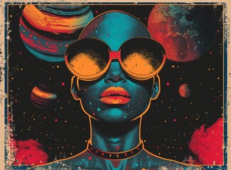 A vintage 60s style poster, with an afrofuturistic black woman head wearing tribal mask and alien planet in background, halftone print effect